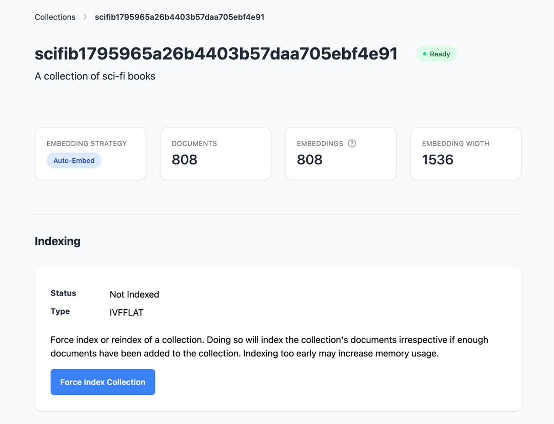 Zep admin page for a sci-fi books collection showing Ready status, 808 documents and embeddings, and a Force Index Collection button.