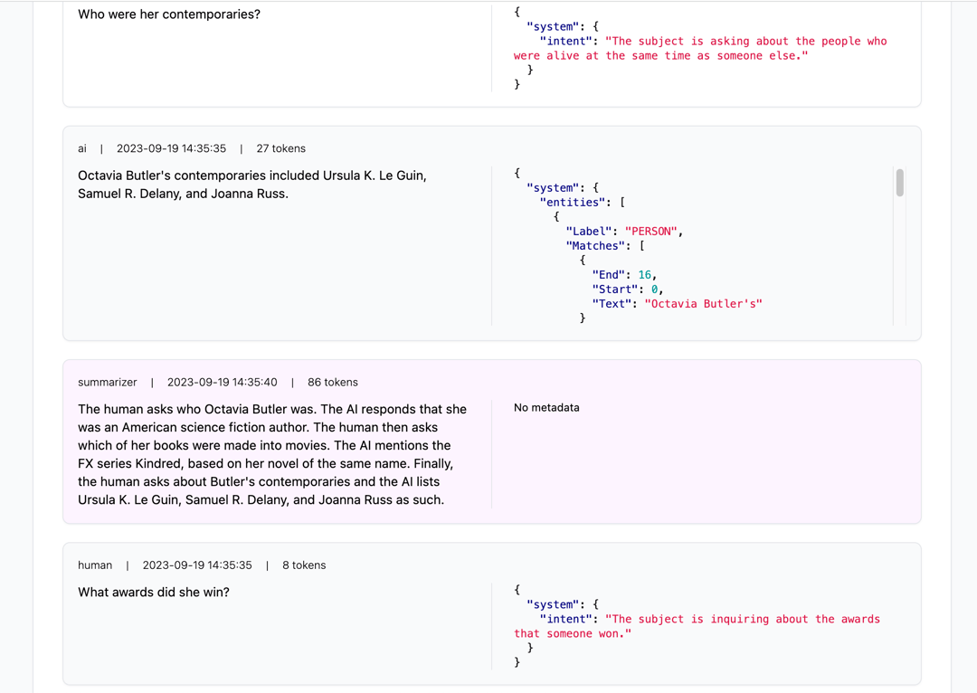 Zep admin chat history with human and AI messages, JSON enrichment metadata such as intent and entities, and an auto-generated summary.