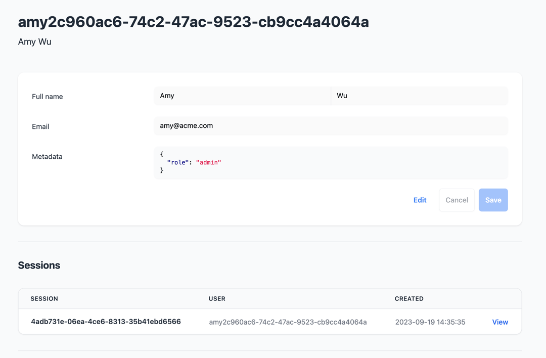 Zep web admin user page for Amy Wu showing editable name, email and JSON metadata fields above a table listing her session.