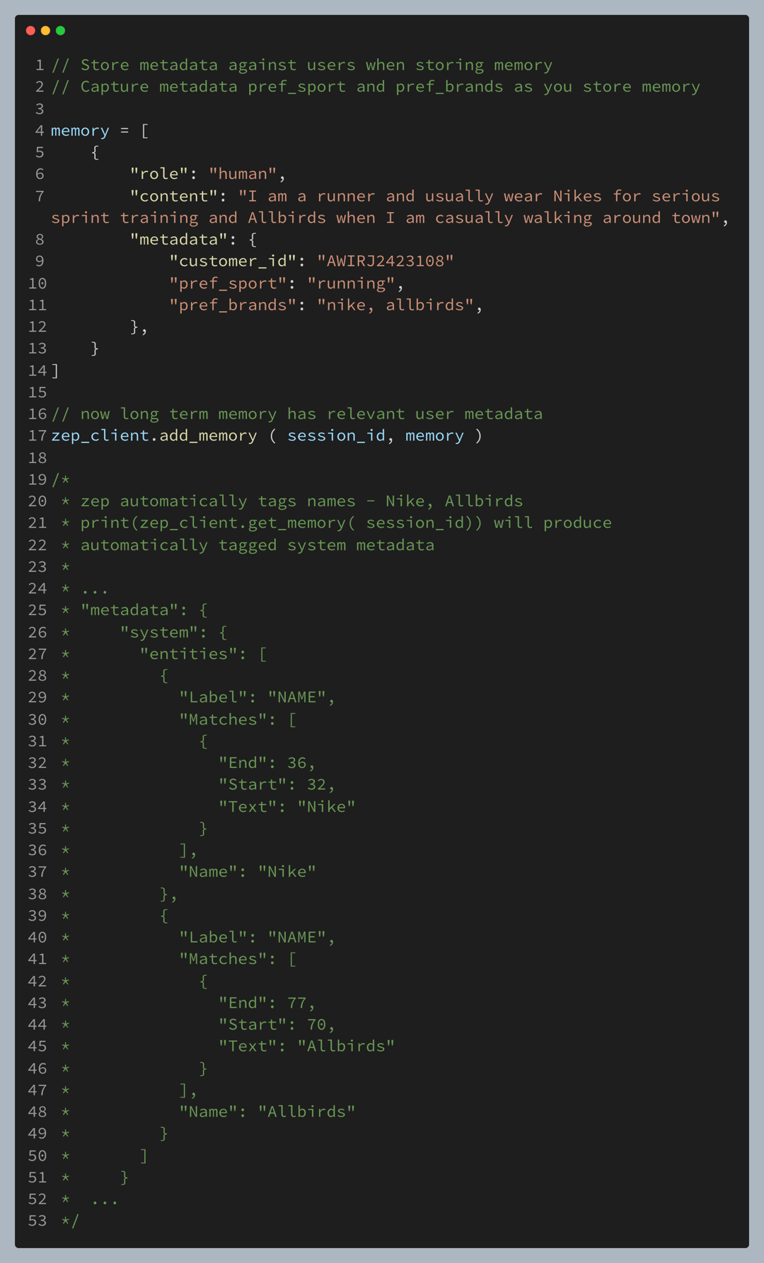 Code adding a human message with sport and brand metadata to Zep, with a comment showing Nike and Allbirds auto-tagged as NAME entities.