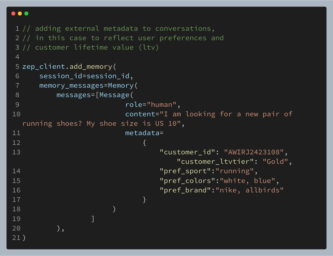 Code adding a human message to Zep with external metadata for customer ID, Gold LTV tier, preferred sport, colors and brands.