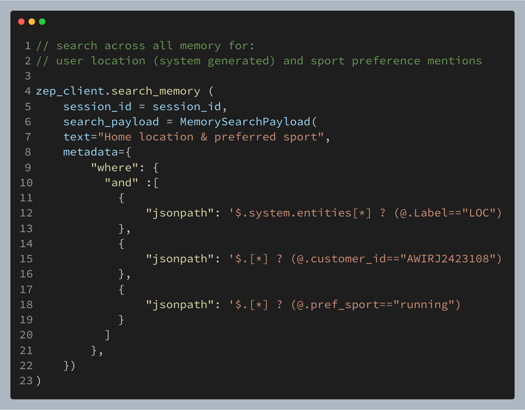 Code calling search_memory with a JSONPath metadata filter combining a location entity label, a customer ID and a running sport preference.