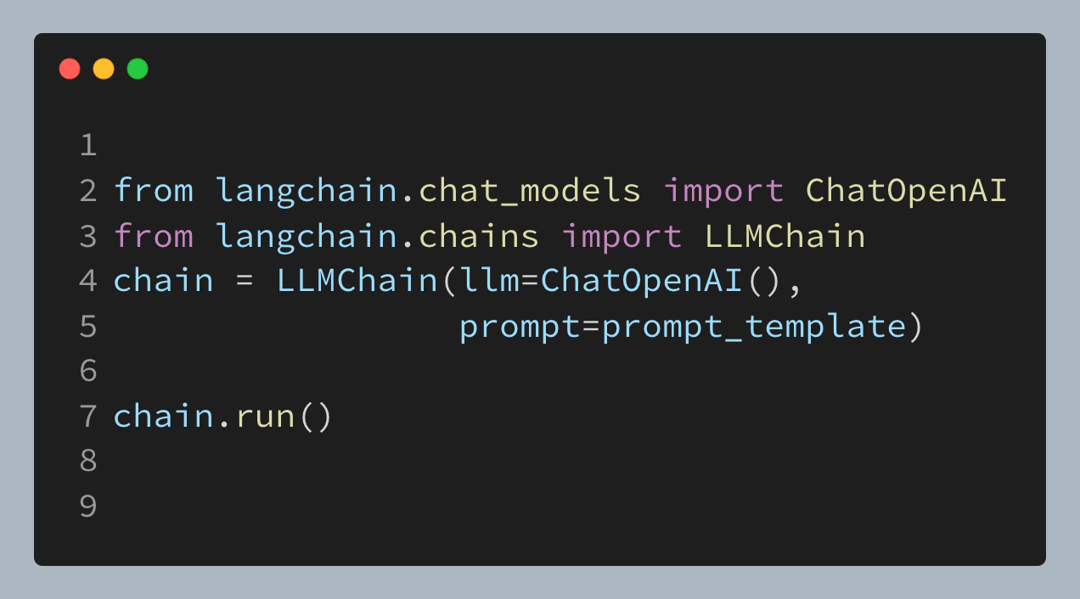 Short Python snippet building a LangChain LLMChain from ChatOpenAI and the prompt template, then running it for a personalized response.
