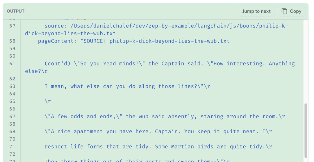 LangSmith trace showing retrieved book chunks and the question added to the prompt, with the LLM answer about Beyond Lies the Wub in green.