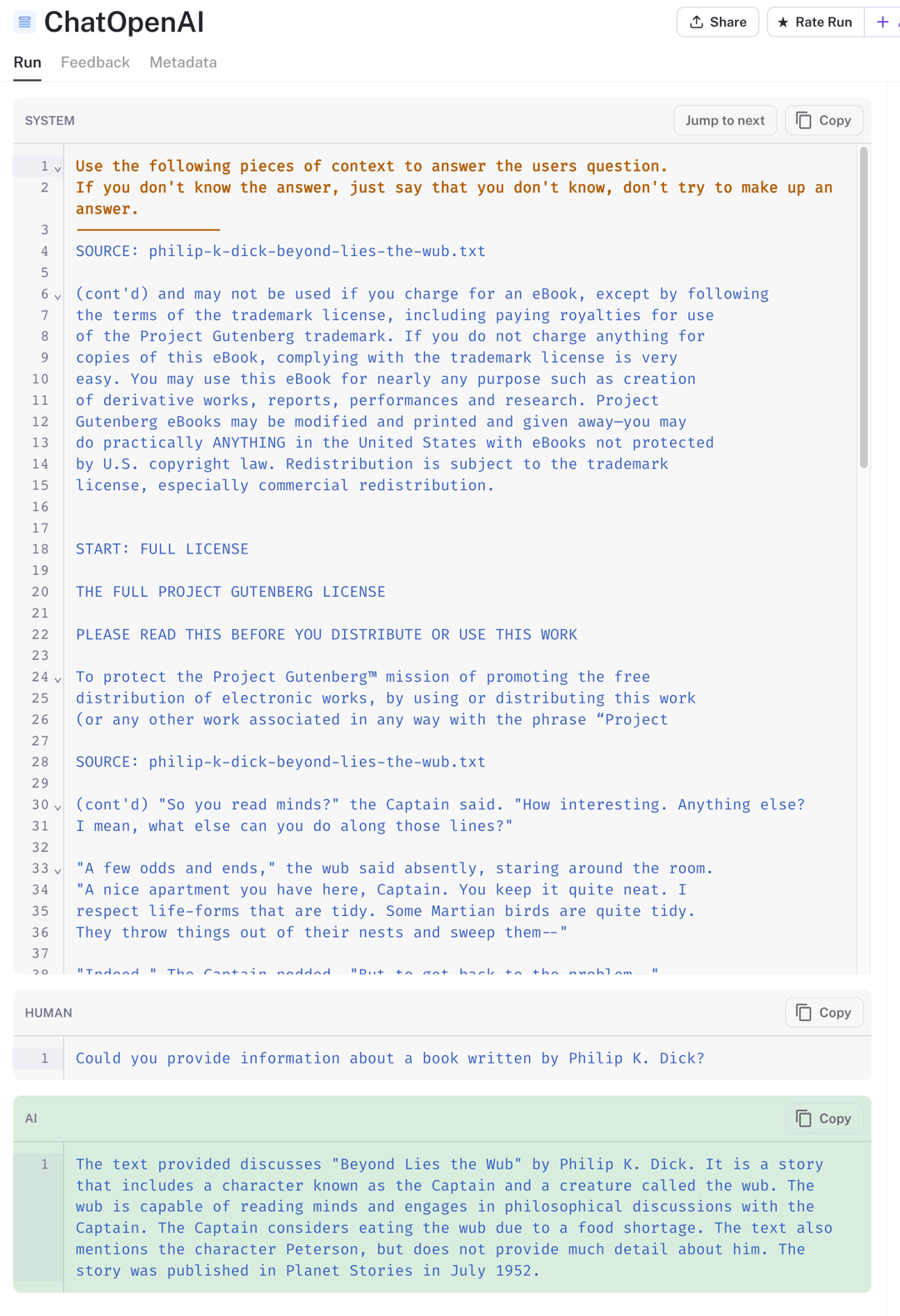 LangSmith trace of a document-chunk retrieval where source headers on each chunk keep results relevant to Philip K. Dick.