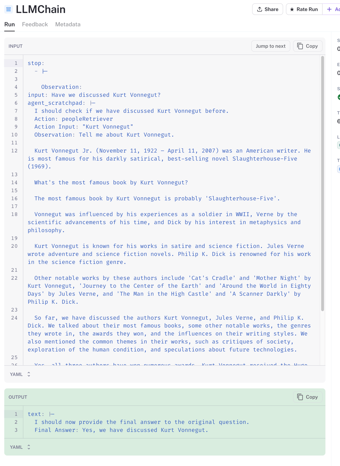 LangSmith LLMChain run where retrieved conversation history lets the agent conclude Yes, we have discussed Kurt Vonnegut.