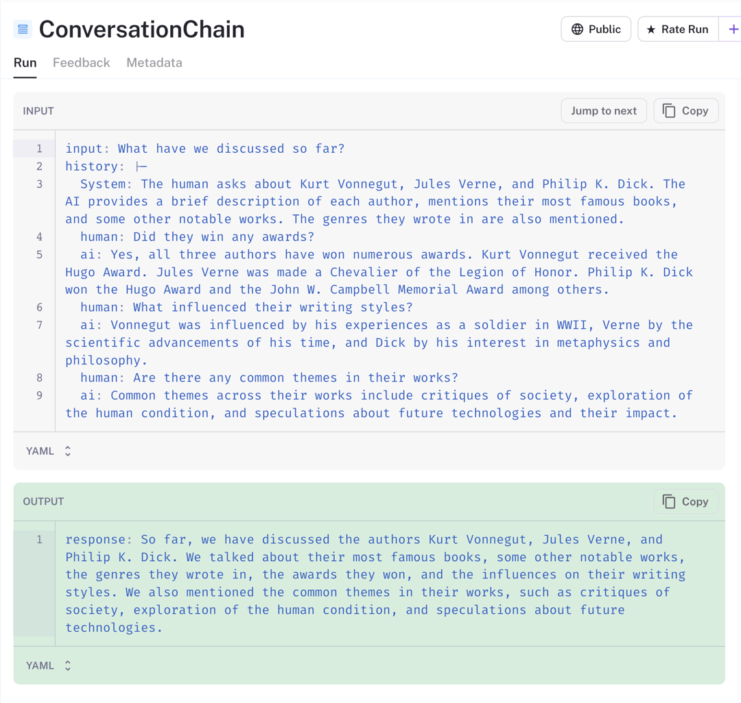 LangSmith trace of a ConversationChain run, with chat history about Vonnegut, Verne, and Dick and an output summarizing the discussion.
