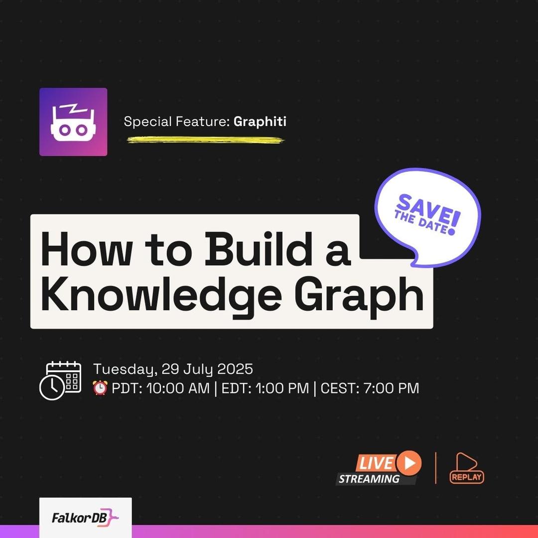 Promotional card for a FalkorDB workshop featuring Graphiti, How to Build a Knowledge Graph, on Tuesday 29 July 2025 at 10:00 AM PDT.