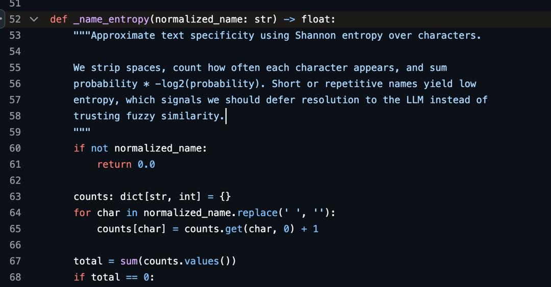Python code from Graphiti defining a name entropy function using Shannon entropy over characters to defer low-entropy names to the LLM.