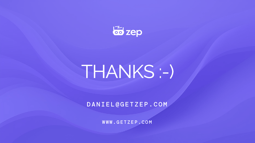 Closing slide on a purple wave background with the Zep logo, the text Thanks, and contact email and website.