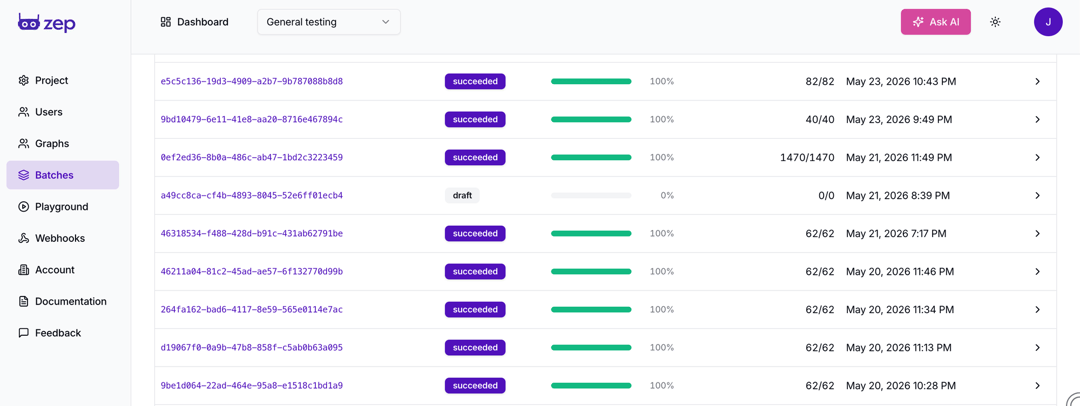 The Zep batch dashboard showing a list of batches, each with a status badge (succeeded or draft), a progress bar with percent complete, processed-item counts, and a timestamp.