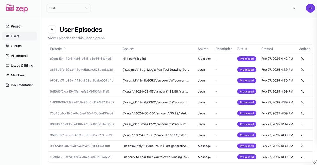 Zep web app User Episodes table listing episode IDs, content, source, processing status and creation time, used to track ingestion.