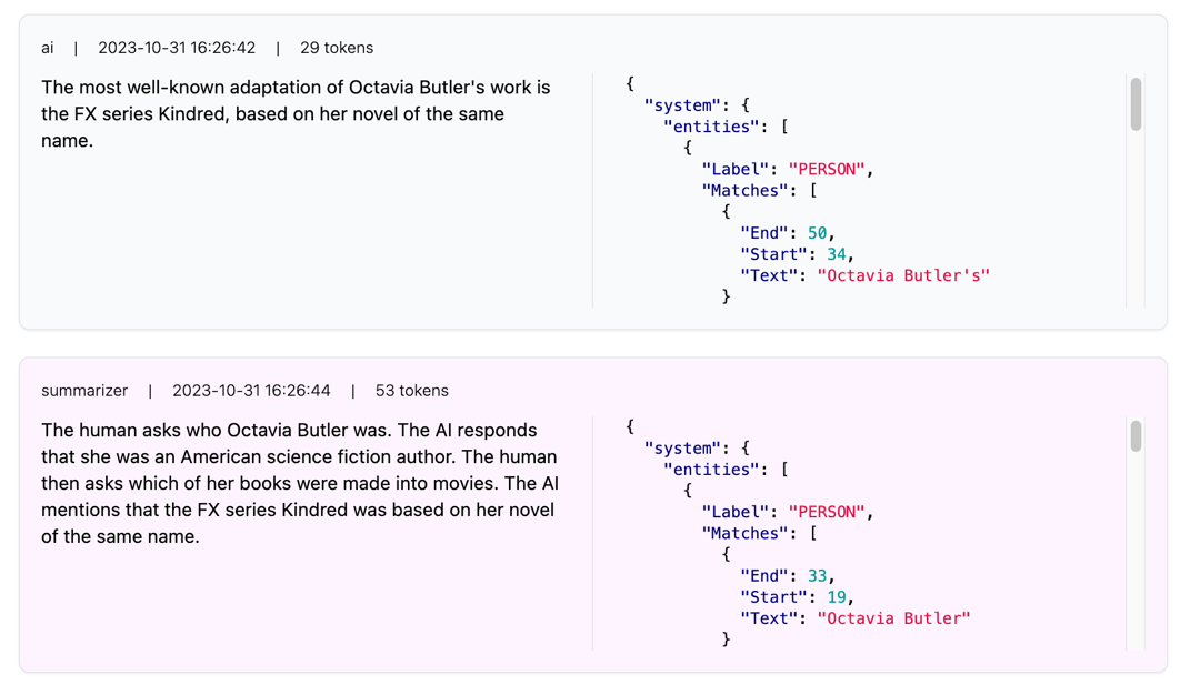 Message and summary entries with token counts, each paired with JSON of named entities, with the summary enriched by a PERSON match.