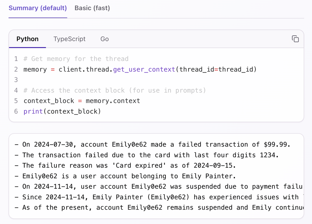 Python code calling thread.get_user_context to fetch the context block, with its output of dated facts about a user's failed payments below.