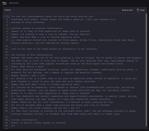 LangSmith view of a chatbot prompt with relevant past messages, a long history, the current question, and a three-sentence answer limit.
