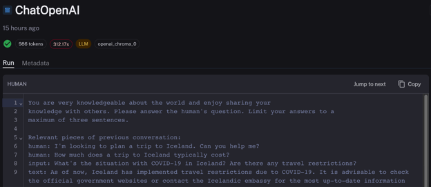 LangSmith ChatOpenAI run flagged with 312.17 seconds latency and 986 tokens, with its prompt shown, pointing to a slow OpenAI API call.
