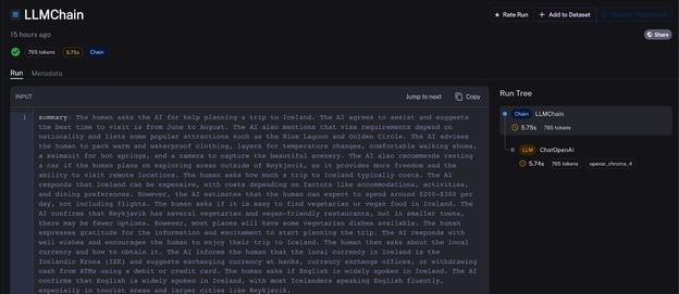 LangSmith run tree of a 5.75s LLMChain whose input is a long auto-generated summary, showing the summary buffer adds a slow LLM call.