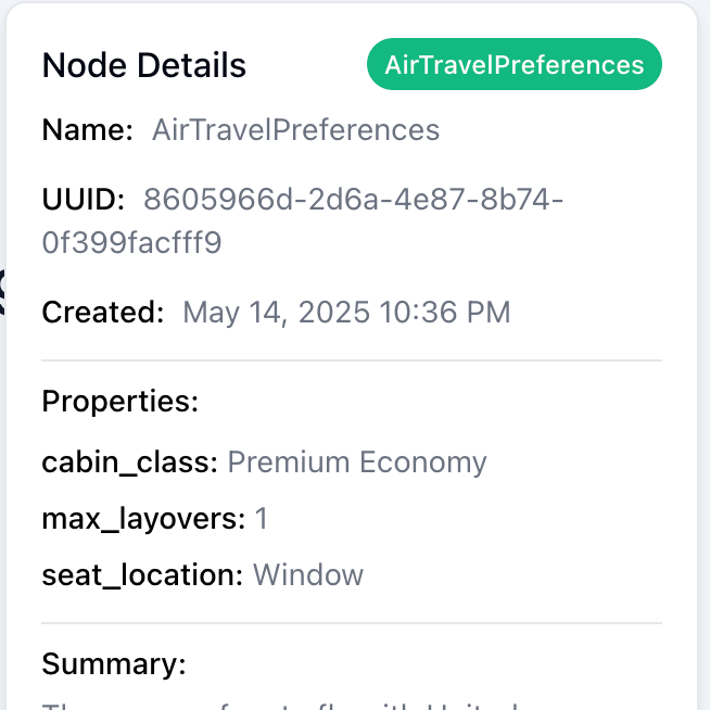 Node details for a custom AirTravelPreferences entity with structured properties: Premium Economy cabin, max one layover, window seat.